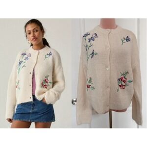 BDG Women's XS NWT Becca Embroidered Oversized Cardigan Neutral Multi Sweater
